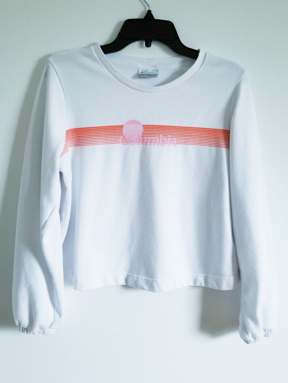 Columbia White Sweatshirt with Coral Stripe and Pink Logo Women